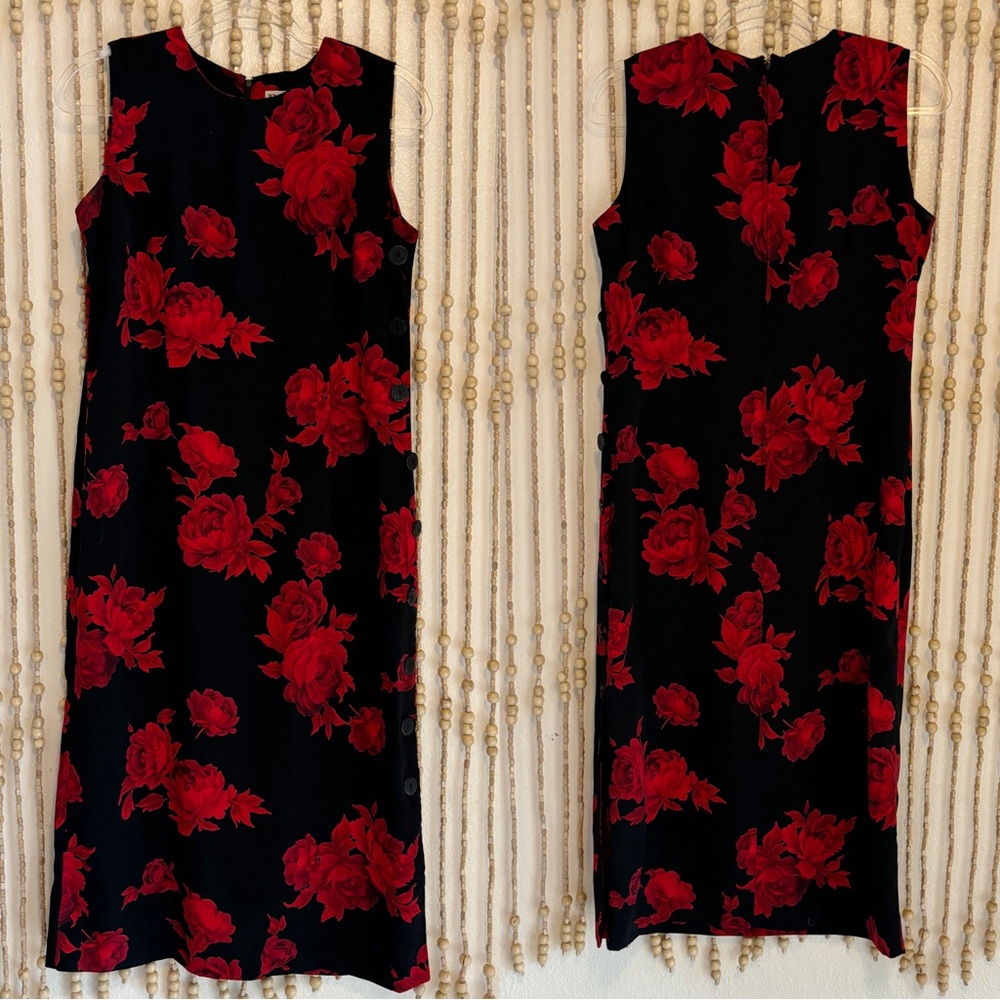 Vintage 90's Black Red Floral Whimsygoth Witchy Goth Button Down Shift Dress 10